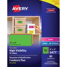 Avery High Visibility Removable ID Labelsfor Laser and Inkjet Printers, 4" x 2" - 2" Width x 4" Length - Removable Adhesive - Rectangle - Laser, Inkjet - Neon Blue, Neon Green, Neon Magenta, Neon Yellow - 10 / Sheet - 80 / Pack - Self-adhesive, Resid