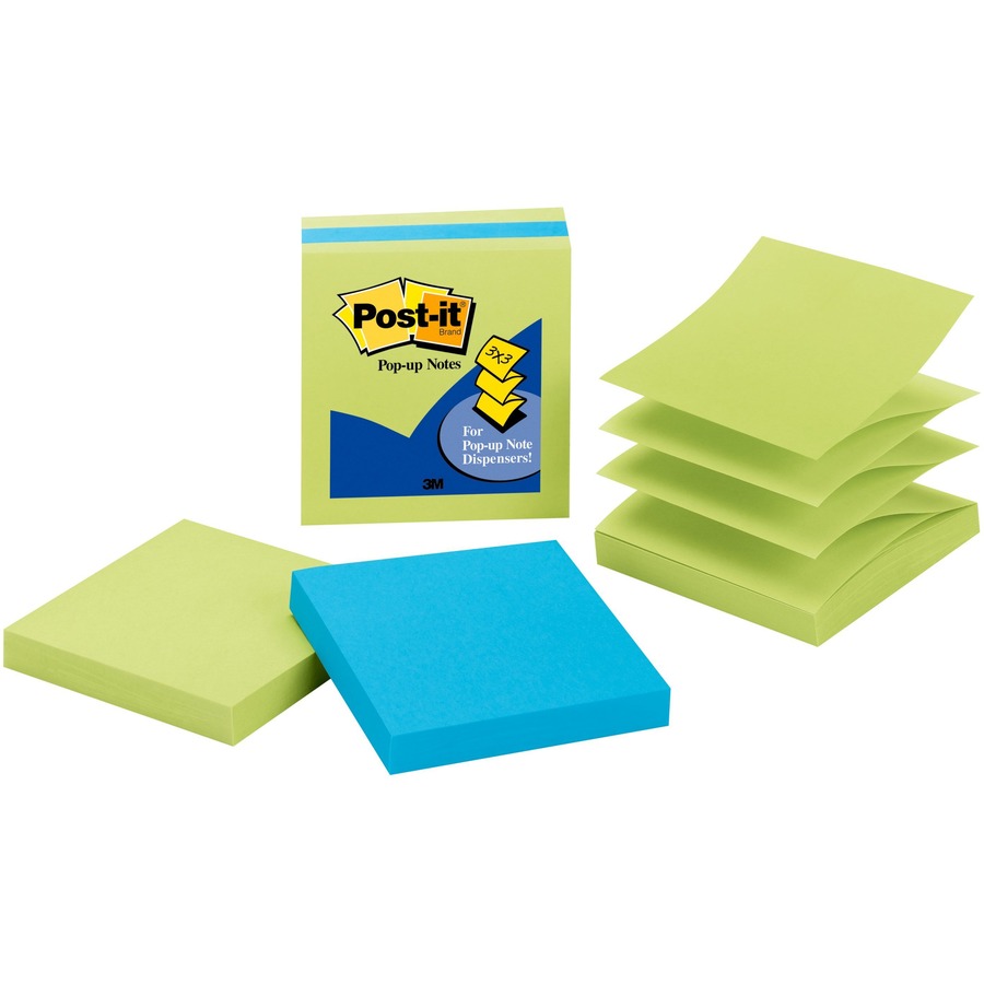 Post-it® Dispenser - 300 - 3" x 3" - Square - 100 Sheets per Pad - Unruled - Green, Blue - Paper - Fanfold, Pop-up - 300 Pack - Office Supplies
