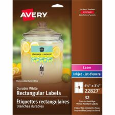 Avery Durable White Rectangle Film Labels4" x 3" , Removable Adhesive, for Laser and Inkjet Printers - 3 1/2" Width x 4 3/4" Length - Removable Adhesive - Rectangle - Laser, Inkjet - White - Film - 4 / Sheet - 8 Total Sheets - 32 Total Label(s) - 3