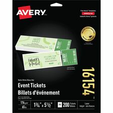 Avery® Blank Tickets with Tear-Away Stubs - 1 3/4" x 5 1/2" Length - Laser, Inkjet - Matte White - 20 / Sheet - 200 / Pack