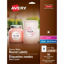 Avery Glossy White Round Labels2" , Diameter, Permanent Adhesive, for Laser and Inkjet Printers - - Width2 1/2" Diameter - Permanent Adhesive - Round - Laser, Inkjet - Bright White - Paper - 9 / Sheet - 10 Total Sheets - 90 Total Label(s) - 90 / Pac