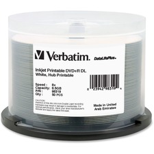 Verbatim DataLifePlus DVD Recordable Media - DVD+R DL - 8x - 8.50 GB - 50 Pack Spindle - 120mm - Double-layer Layers - Printable - Inkjet Printable