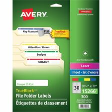 Avery Filing Labelswith TrueBlock&trade; Technology for Laser and Inkjet Printers, ?" x 3-7/16" , Assorted Colours, 300/pk - 3 7/16" Width x 21/32" Length - Permanent Adhesive - Laser, Inkjet - Assorted - 30 / Sheet - 300 / Pack