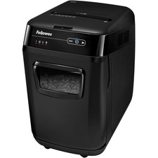Fellowes AutoMax™ 200C Auto Feed Shredder - Non-continuous Shredder - Cross Cut - 10 Per Pass - for shredding Staples, Paper Clip, Credit Card, CD, DVD, Junk Mail, Paper - 0.2" x 1.5" Shred Size - P-4 - 3.35 m/min - 9" Throat - 12 Minute Run Time - 25 Minute Cool Down Time - 32.18 L Wastebin Capacity - 477.25 W - Black