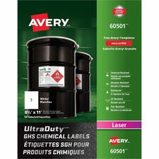 Avery UltraDuty&trade; GHS Chemical Labels8" x 11" , for Laser Printers - 8 1/2" Width x 11" Length - Permanent Adhesive - Rectangle - Laser - White - Film - 1 / Sheet - 50 Total Sheets - 50 Total Label(s) - 50 / Box - Water Resistant