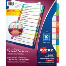 Avery Ready Index Customizable Table of Contents Dividersfor Laser and Inkjet Printers, 10 tabs, 1 set - 10 x Divider(s) - 1-10 - 10 Tab(s)/Set - 8.50" Divider Width x 11" Divider Length - 3 Hole Punched - White Paper Divider - Multicolor Paper 