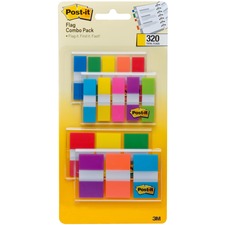 Post-it Assorted Flag Combo Pack - 320 x Assorted - 1/2" , 1" - Blue, Green, Yellow, Orange, Red, Pink, Purple - Self-adhesive, Repositionable - 320 / Pack