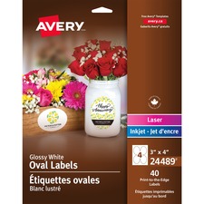 Avery Glossy White Oval Labels3" x 4" , Permanent Adhesive, for Laser and Inkjet Printers - 4" Width x 3" Length - Oval - Inkjet, Laser - Glossy - White - 4 / Sheet - 40 / Pack - Print-to-the Edge, Easy Peel, Adhesive, Customizable
