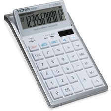 Victor 12-Digit Check and Correct Desk Calculator - Large Display, Tilt Display, 3-Key Memory, Automatic Power Down, Dual Power, Battery Backup, Independent Memory - 12 Digits - LCD - Battery/Solar Powered - 2" x 4.3" x 7" - White - Desktop - 1 Each