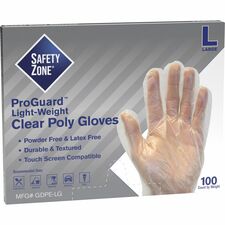 Safety Zone Clear Powder Free Polyethylene Gloves - Large Size - Clear - Die Cut, Heat Sealed Edge, Embossed Grip, Latex-free, Silicone-free, Recyclable - For Food - 100 / Pack - 11.75" (298.45 mm) Glove Length