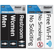 U.S. Stamp & Sign Information Sign - 6 / Pack - Free Wi-Fi, No Smoking, No Soliciting, Men, Women, Restroom Print/Message - 8" (203.20 mm) Width x 2" (50.80 mm) Height - Peel-off, Heavyweight, Tear Resistant, Stretch Resistant, Long Lasting, Adhesive - Vinyl