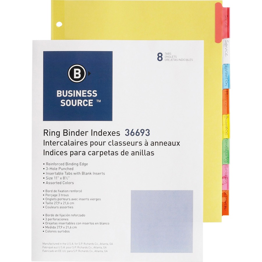 Set of 8 Multicolored Tabs Business Source Insertable Tab Divider 