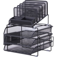 Lorell Divided 4-tier Desktop Organizer - 4 Tier(s) - 15.8" Height x 12.9" Width x 14.4" Depth - Desktop - Black - Plastic, Mesh - 1 Each