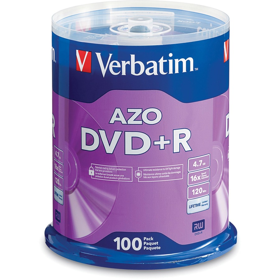Messenger Brim Optimism Verbatim AZO DVD+R 4.7GB 16X with Branded Surface - 100pk Spindle - 2 Hour  Maximum Recording Time - Yuletide Office Solutions