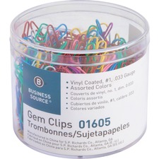 Business Source Vinyl-coated Gem Clips - Small - No. 1 - 1.75" (44.45 mm) Length x 0.47" (11.94 mm) Width - for Paper - Rust Resistant - 500 / Box - Assorted