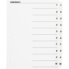 Business Source Table of Content Quick Index Dividers - Printed Tab(s) - Digit - 1-10 - 10 Tab(s)/Set - 8.50" Divider Width x 11" Divider Length - 3 Hole Punched - White Divider - White Mylar Tab(s) - 10 / Set