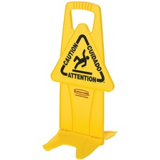 Rubbermaid Commercial Stable Safety Sign with Tri-Lingual "Caution" Imprint - 1 Each - 13.25" (336.55 mm) Width x 26" (660.40 mm) Height - Self Opening Base - Yellow