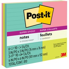 Post-it® Super Sticky Notes - Supernova Neons Color Collection - 3" x 3" , 4" x 6" - Square, Rectangle - 90 Sheets per Pad - Aqua Splash, Acid Lime, Tropical Pink, Iris Infusion - Paper - Sticky, Recyclable - 9 / Pack