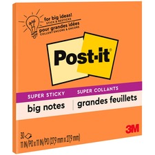 Post-it® Super Sticky Big Note - 30 x Orange - 11" x 11" - Square - 30 Sheets per Pad - Orange - Sticky, Removable - 1 Each