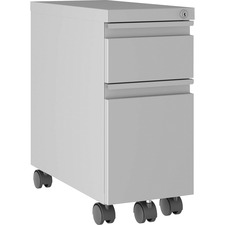 Lorell Slim Mobile Pedestal - 10" x 19.9" x 21.8" for File, Box - Letter, Legal - Mobility, Storage Space, Anti-tip, Hanging Rail, Locking Drawer, Compact, Key Lock - Silver - Metal - Recycled