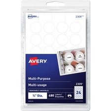 Avery Multi-Purpose Removable Labelsfor laser and inkjet printers, " - - Height3/4" Diameter - Removable Adhesive - Round - Laser, Inkjet - White - 24 / Sheet - 20 Total Sheets - 480 / Pack