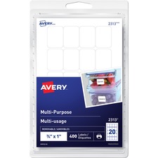 Avery Multi-Purpose Removable Labelsfor Laser and Inkjet Printers, " x 1" - 1" Height x 3/4" Width - Removable Adhesive - Rectangle - Inkjet, Laser - White - 20 / Sheet - 20 Total Sheets - 400 / Pack