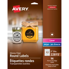 Avery® Glossy Clear 2" Round Labels - 2" Diameter - Permanent Adhesive - Round Scallop - Laser, Inkjet - Glossy Clear - 12 / Sheet - 8 Total Sheets - 96 / Pack