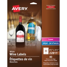 Avery White Arched Wine Bottle Labels4" x 3" , Permanent Adhesive, for Laser and Inkjet Printers - 4 3/4" Height x 3 1/2" Width - Permanent Adhesive - Arched Rectangle - Laser, Inkjet - White - 4 / Sheet - 10 Total Sheets - 40 / Pack - Water Resist