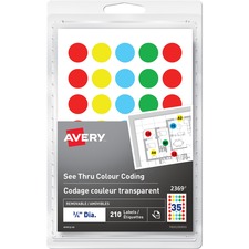 Avery See Thru Removable Colour Coding LabelsHandwrite,  - - Height3/4" Diameter - Removable Adhesive - Round - Laser, Inkjet - Red, Yellow, Green, Blue - 35 / Sheet - 6 Total Sheets - 210 / Pack