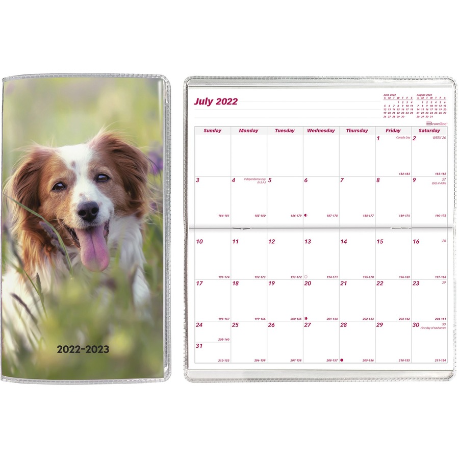 Brownline Dog Cover Pocket Planner - Monthly - 18 Month - July 2022 -  December 2023 - Twin Wire - Pink - Vinyl - 6.5" Height x 3.5" Width -  Reference Calendar, Pocket, Reminder Section, Compact, Notes Area - 1 Each  - Filo CleanTech
