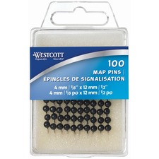 Westcott Map Pins - Black - 0.16" (4 mm) Head - for Maps - 100 / Box - Black