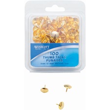 Westcott Brass Thumb Tacks (3/8" dia.), 100/clamshell - 0.38" (9.53 mm) Head - for Memo, Pictures - Smooth - 100 / Box - Brass