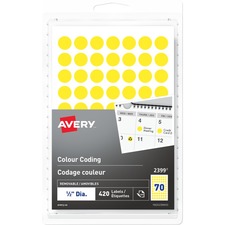 Avery Removable Colour Coding LabelsHandwrite, " , Yellow - - Height1/2" Diameter - Removable Adhesive - Round - Yellow - 70 / Sheet - 6 Total Sheets - 420 Total Label(s) - 768 / Pack
