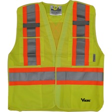 Viking 5pt. Tear Away Safety Vest - Recommended for: Building, Construction, School, Emergency, Warehouse, Law Enforcement, Industrial - Hook & Loop, Reflective, Multiple Pocket, Two-strap Design, D-ring, Breathable, High Visibility - Large/Extra Large Size - Strap Closure - Polyester - Lime, Green - 1 Each