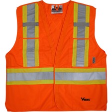 Viking 5pt. Tear Away Safety Vest - Recommended for: Outdoor, Building, Construction, School, Emergency, Warehouse, Law Enforcement, Industrial - D-ring, Multiple Pocket, Hook & Loop, Reflective, High Visibility, Breathable, Two-strap Design - Small/Medium Size - Strap Closure - Polyester - Orange - 1 Each