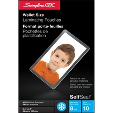 Swingline GBC SelfSeal Self Adhesive Wallet Size Laminating Pouches 2-3/8" x 3-7/8" - Sheet Size Supported: Wallet-size 2.50" (63.50 mm) Width x 3.50" (88.90 mm) Length - Glossy - for Photo - Self-adhesive, Easy Peel, Self-sealing, Heat Resistant - Clear - 10 / Pack