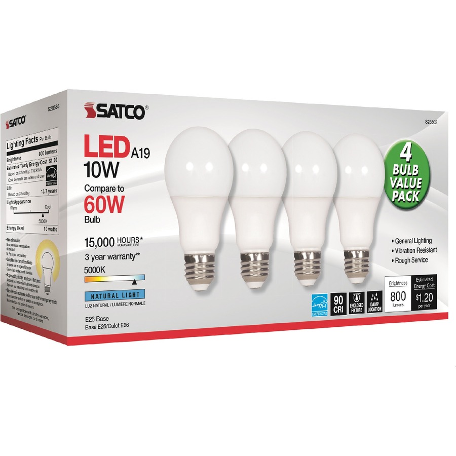 Indtil strand tage ned SDNS28563 - Satco 10W A19 LED 5000K Light Bulbs - 10 W - 60 W Incandescent  Equivalent Wattage - 120 V AC - 800 lm - A19 Size - Frosted White -