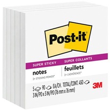 Post-it Super Sticky Notes 654-5SSW, 3 in x 3 in, White - 3" x 3" - Square - 90 Sheets per Pad - White - Adhesive, Sticky, Recyclable - 5 Pack