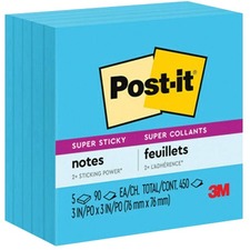 Post-it® Super Sticky Notes, 3 in x 3 in, Electric Blue, 5 Pads/Pack - 3" x 3" - Square - 90 Sheets per Pad - Electric Blue - Adhesive, Sticky, Recyclable - 5 Pack