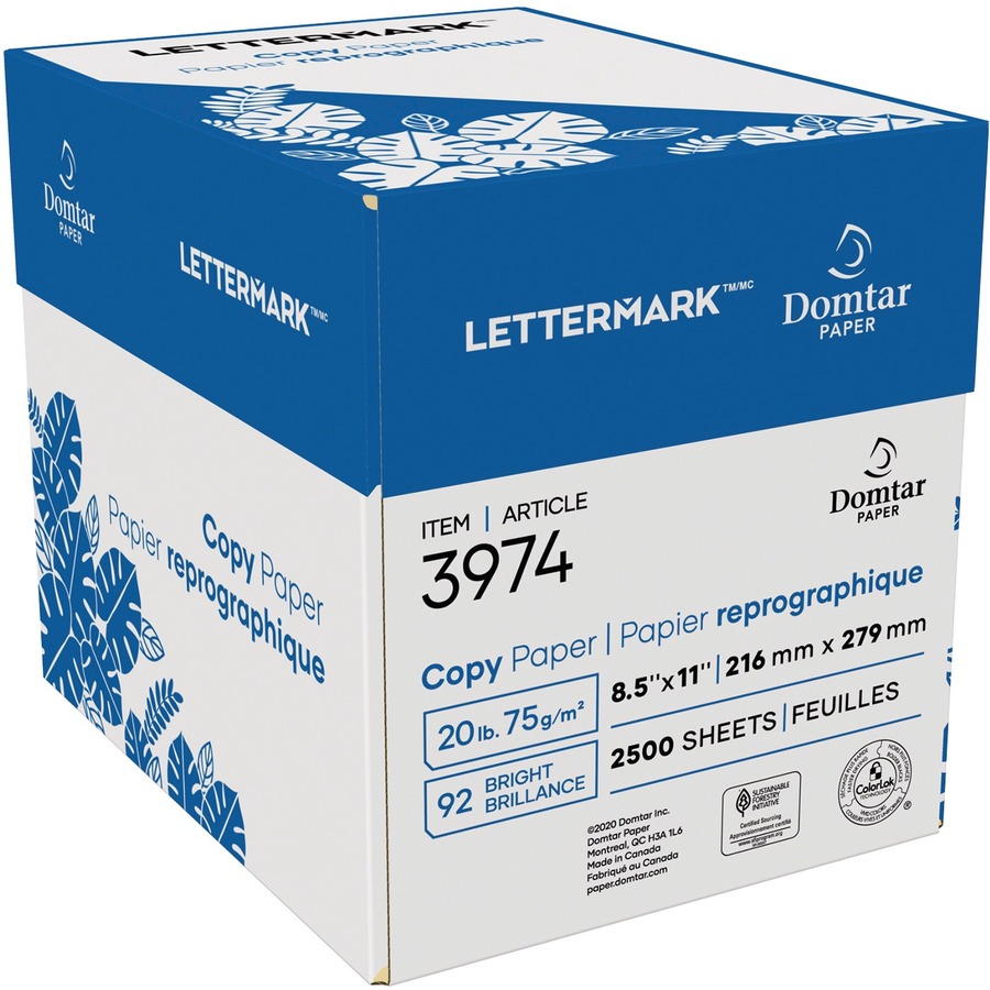 Lettermark Copy Paper 92B 20lb 8-1/2" x 11" 500/pkg - 92 Brightness - Letter - 8 1/2" (215.90 mm) x 11" (279.40 mm) - 20 lb (9071.85 g) Basis Weight - Sustainable Forestry Initiative (SFI) - ColorLok Technology - White - 2500 Sheets - 500 Sheets/Pack - 5 