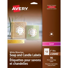 Avery Glossy White Round Soap and Candle Labels2" Diameter, Permanent Adhesive, for Laser Printers - Permanent Adhesive - Round - Laser - Glossy White - 12 / Sheet - 96 Pack