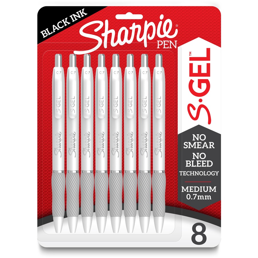 SAN2169762 Sharpie S-Gel - Medium Pen Point - 0.7 mm Pen Point Size - Black Gel-based Ink - White Metal Barrel - 8 / Pack - Office Supply Hut