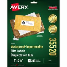 Avery Waterproof Labels1" x 2?" , Permanent Adhesive, for Laser Printers - 2 5/8" Width x 1" Length - Permanent Adhesive - Rectangle - Laser - White - Film - 30 / Sheet - 10 Total Sheets - 300 Total Label(s) - 300 / Pack - Tear Resistant, Chemical Re