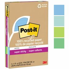 Post-it® Super Sticky Adhesive Note - 180 - 4" x 6" - 45 Sheets per Pad - Assorted Oasis - Removable, Repositionable, Recyclable - 4 Pad