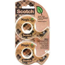 Scotch Magic Greener Invisible Tape - 15.2 yd (13.9 m) Length x 0.75" (19 mm) Width - Dispenser Included - 2 / Pack - Clear
