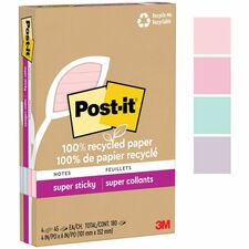 Post-it Super Sticky Adhesive Note - 4" x 6" - Rectangle - 45 Sheets per Pad - Assorted Wanderlust Pastel - Repositionable - 4 / Pack - Recycled