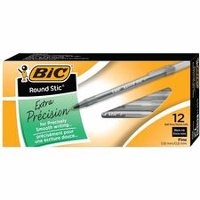 BIC Round Stic Ballpoint Pens - Fine Pen Point - Black - Frost Barrel - 1 Dozen