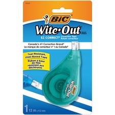 BIC Wite-Out EZ CORRECT Correction Tape - 0.20" (5.08 mm) Width x 39.4 ft Length - 1 Line(s) - White Tape - Ergonomic White Dispenser - Tear Resistant, Photo-safe, Odorless - 1 Each - White