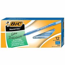 BIC Round Stic Ballpoint Pens - Fine Pen Point - Blue - Blue Barrel - 1 Dozen