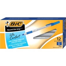 BIC Round Stic Grip Xtra-Comfort Fine Ball Point Pen, Blue, 12 Pack - Fine Pen Point - 0.8 mm Pen Point Size - Blue - 12 / Box